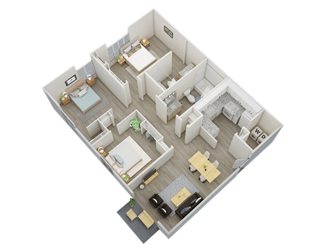 three-bedroom, two-bathroom 889 square foot floor plan at Woodland Villas Apartments in Jasper, AL